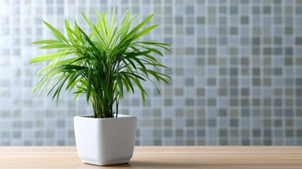 Fototapeta premium Green potted plant on wooden surface with tiled wall background, exuding modern, fresh ambiance
