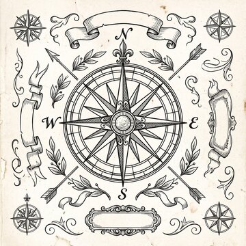 Hand-Sketched Compass Rose and Ornamental Flourish Collection Isolated on White Background