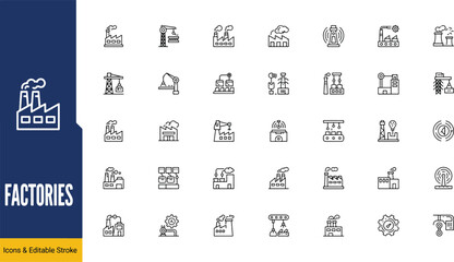Industrial factory icons set featuring production buildings manufacturing machinery and power plant symbols in outline style industrial industry manufacturin © Mohammad