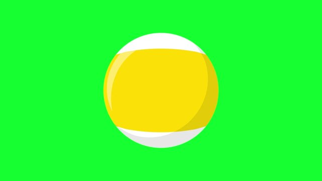 3D animated striped yellow 9-ball billiard spinning loop on green screen background. Isolated pool ball motion graphics for sports and gaming videos.