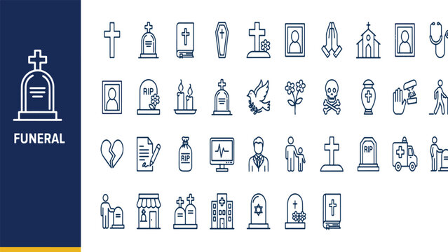 Funeral and memorial service thin line icon set featuring crosses tombstones sympathy symbols and mourning elements for death rituals memorial tombstone