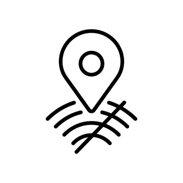 Black and white outline icon representing a location pin with signal waves crossed out, symbolizing no GPS signal or lost connection