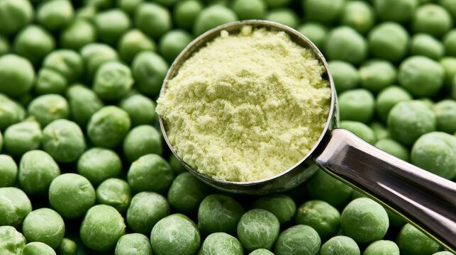 Protein powder in measuring spoon placed on fresh green peas closeup, showing healthy nutrition, dietary supplement, plant based food ingredients, fitness lifestyle and natural wellness concept