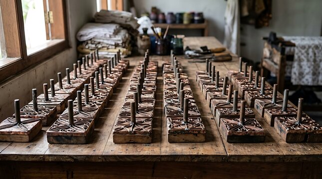 Traditional copper batik stamps on a workshop table