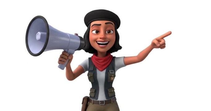 Excited cartoon explorer character holding megaphone and waving hand woman