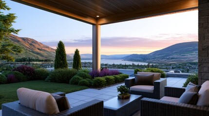 Fototapeta premium Patio overlooks scenic mountain, lake, and garden view at sunset, featuring modern outdoor furniture setup