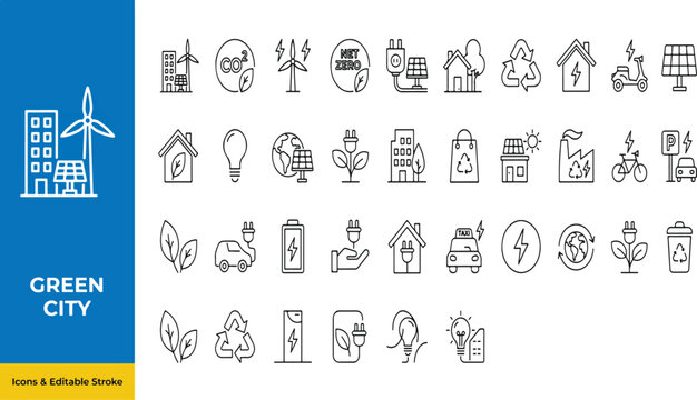 Sustainable green city eco-living hand-drawn icon collection for environmental design with environment sustainability renewable recycling conservation
