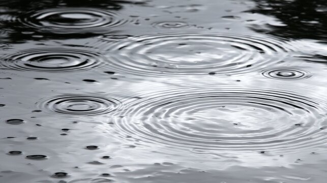 Soft rain drops creating tiny craters and gentle ripples on calm silvery water surface, showing peaceful summer shower atmosphere, natural texture, reflection and tranquil pond concept