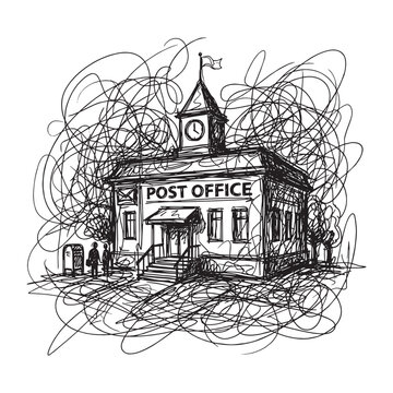 Abstract gestural scribble sketch of a post office building in an expressive hand drawn ink style
