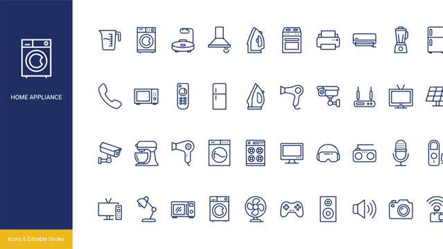 Collection of household appliance and home electronic device linear icons for interior living and smart technology with appliance electronic household