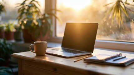 Fototapeta premium The Laptop on the Desk Bathed in Morning Sunlight by the Window