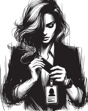 Black and White Sketch: Woman Presenting Identification Badge fo