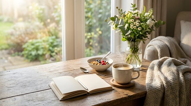 Cozy morning scene with a journal, a bowl of granola with berries, and a steaming cup of coffee by a window