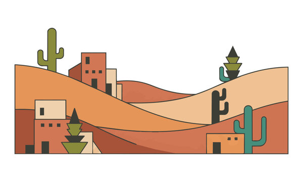 Serene desert panorama with stylized dunes and adobe structures, flat color blocks, minimalist landscape concept