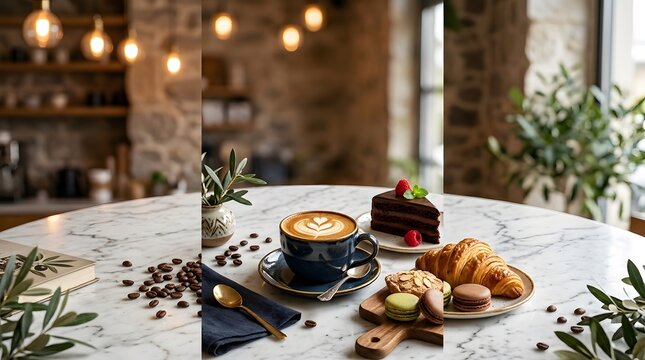 Coffee and pastry breakfast on a marble table in a cozy cafe
