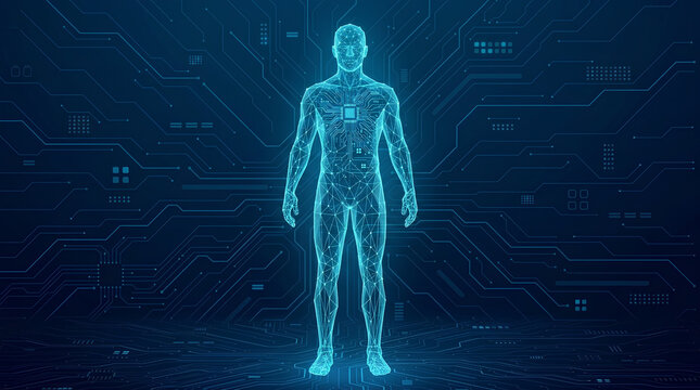 Futuristic Digital Human Model with Glowing Circuit Background AI Science Concept