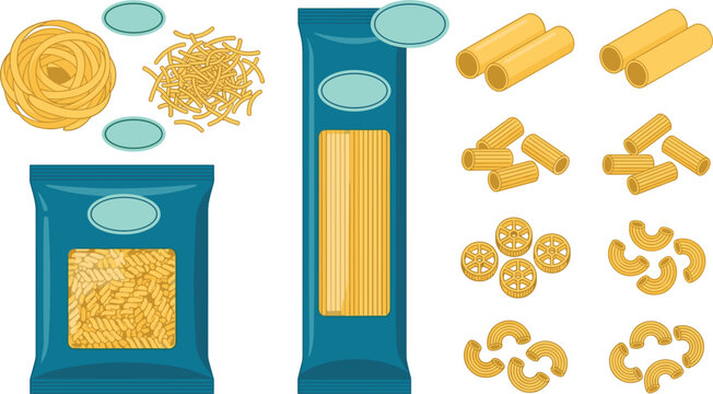 Italian pasta vector set featuring spaghetti packaging fusilli macaroni rigatoni penne rotelle and fettuccine nests isolated on white