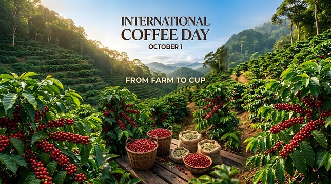 International coffee day celebration with ripe coffee cherries on a lush plantation farm for harvest season