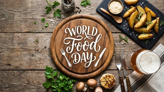 World food day concept with wooden board, roasted potatoes, herbs, mushrooms, and beer on rustic wooden background