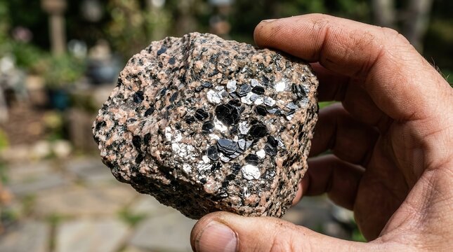 Coarse-Grained Granite Rock Featuring Shimmering Mica Flakes Held in Human Hand