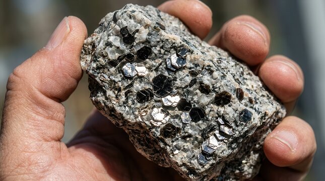 A detailed close-up of a raw granite specimen featuring prominent biotite mica crystals held firmly in a human hand