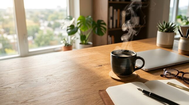Cozy workspace with steaming coffee mug, open notebook, and laptop on a wooden desk by a sunny window