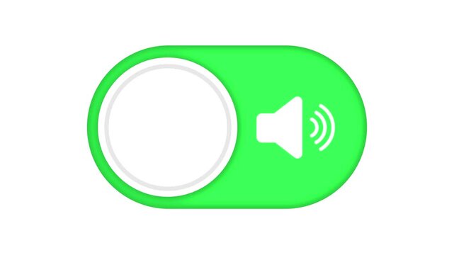 Animated sound volume toggle switch button turning on and off mute audio settings. Clean UI graphic element on isolated white background for mobile app design.