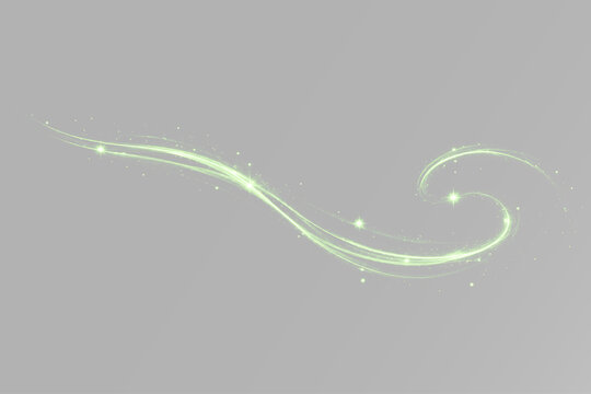 Green luminous wave with thin glowing neon line, curved energy trail, bright light streak and subtle sparkling particles