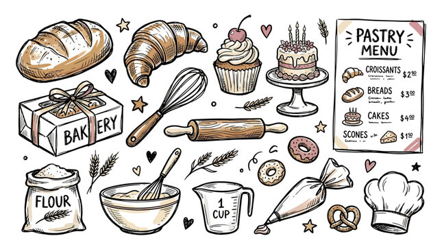 Baking ingredients and pastry making tools.