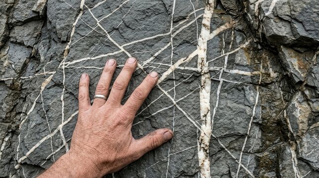 Ancient Quartz Veins Embedded in Rugged Dark Bedrock: A Tactile Geological Exploration of Earth's Natural Mineral Formations and Crystalline Textures