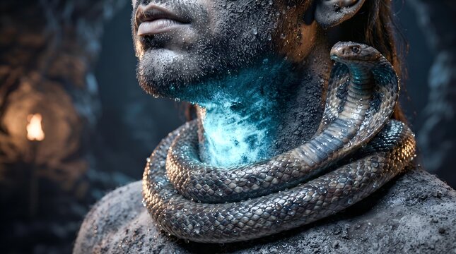 Macro close up of Lord Shiva glowing blue throat Neelkanth and cobra