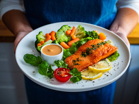 Woman holding plate with fried salmon steak with boiled broccoli and mini carrots and mayonnaise