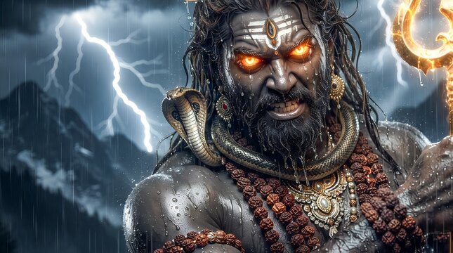 Fierce Lord Shiva Rudra avatar with glowing eyes during thunderstorm