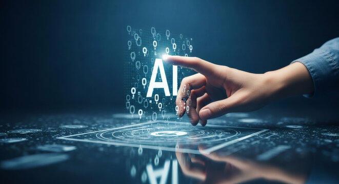 Human hand interacting with artificial intelligence technology hologram concept in futuristic digital cyberspace