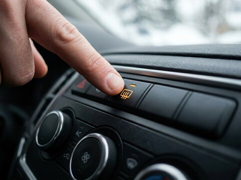 A close-up perspective of a driver activating the rear window defroster button on a modern car dashboard to improve visibility during cold winter weather conditions