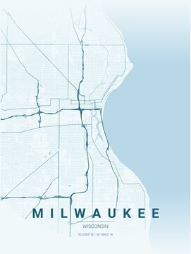Modern Milwaukee City Map Poster Design, Ocean Style Urban Street Grid Cartography