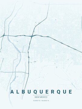Modern Albuquerque City Map Poster Design, Ocean Style Urban Street Grid Cartography