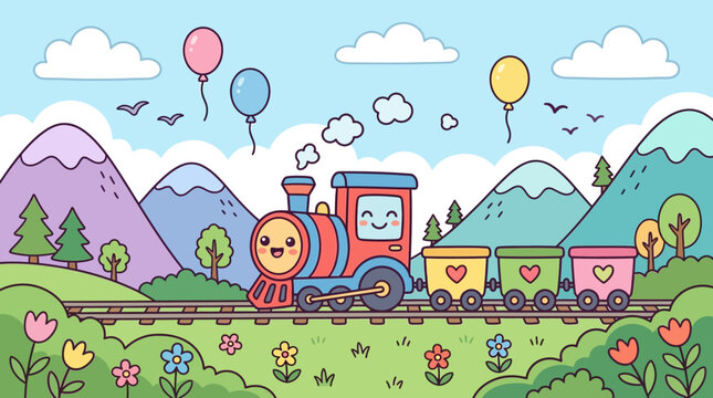 Smiling Cartoon Train with Colorful Cars.