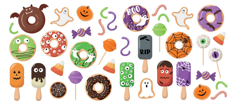 Colorful Halloween sweets collection featuring spooky donuts, candies, popsicles, cookies and cute seasonal treats with festive Halloween decorations.