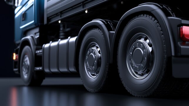 Close-up of a polished truck's rear wheels and chassis, showcasing sleek design and modern engineering