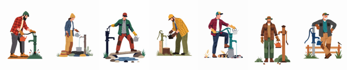 Fototapeta premium A set of flat illustrations of diverse people in workwear using manual hand water pumps to fill kettles and pots in rural settings.