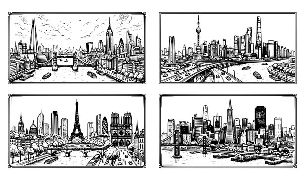 Modern City Skyline Landscape Collection Featuring Detailed Urban Architecture Hand Drawn Vector Sketch Illustrations
