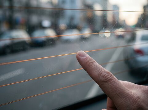 A contemplative close-up of a finger tracing the heating elements on a car window