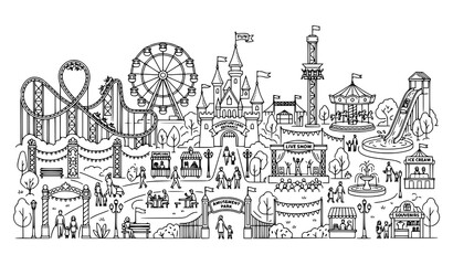 Obraz premium Detailed Amusement Park Landscape Illustration with Iconic Rides Entertainment Attractions and Family Recreation Elements