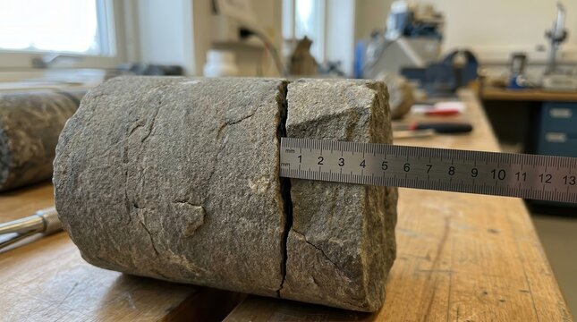 A detailed close-up of a geological rock core sample being measured with a steel ruler in a scientific laboratory setting