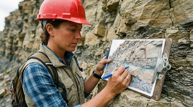Geologist Conducting Fieldwork Analysis of Rock Formations and Stratigraphy Layers with Precision Mapping and Scientific Documentation in a Natural Rocky Environment
