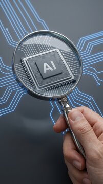 Close-up of AI chip under magnifying glass, blue circuits on gray background.