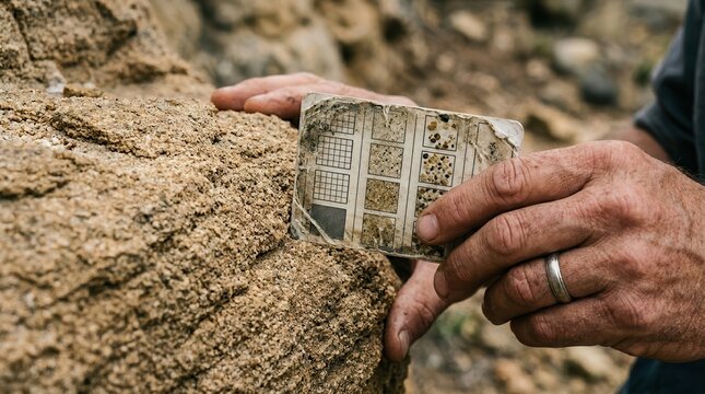 A Geologist Conducting a Detailed Lithological Analysis of Sedimentary Rock Formations Using a Grain Size Comparison Card