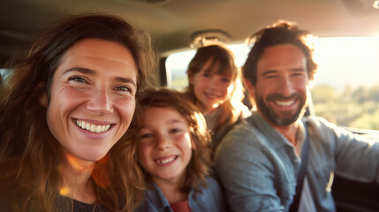 Fototapeta premium Happy family smiling inside a moving car during a road trip. Family travel, safe driving, vacation, togetherness and joyful transportation lifestyle concept.