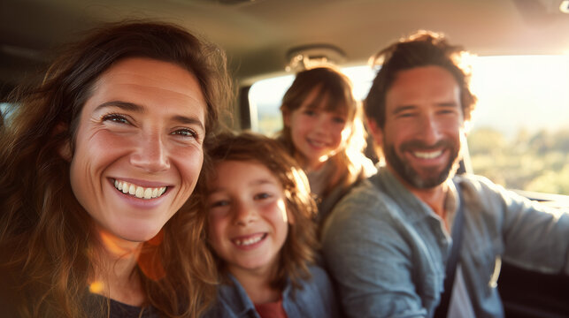 Happy family smiling inside a moving car during a road trip. Family travel, safe driving, vacation, togetherness and joyful transportation lifestyle concept.
